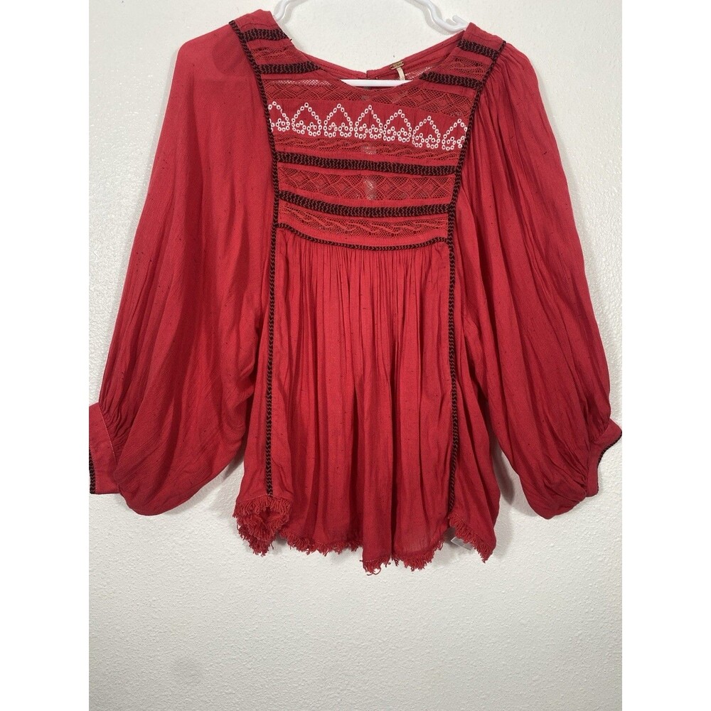 Free People Red Boho Embroidered Lace Peasant Top Women’s Size S/p - Picture 4 of 16